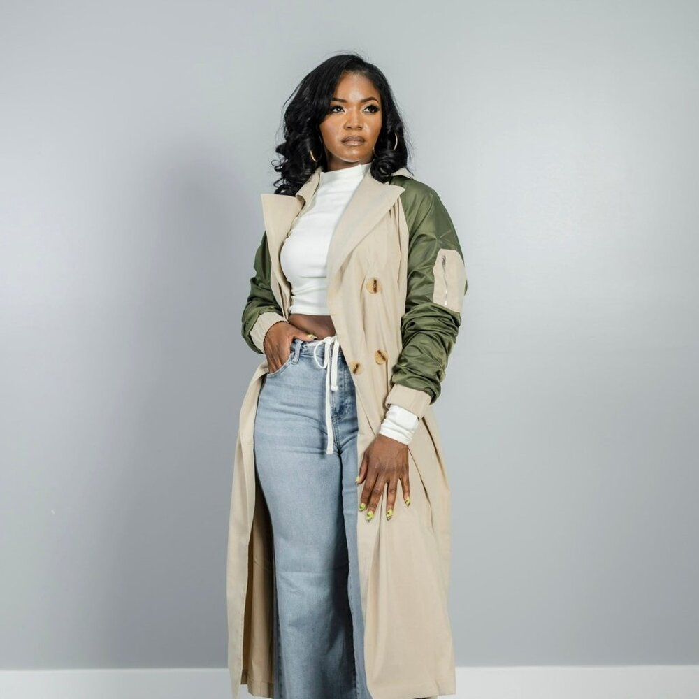 Beige Trench Coat with Olive Green Sleeves - Women's Long Coat